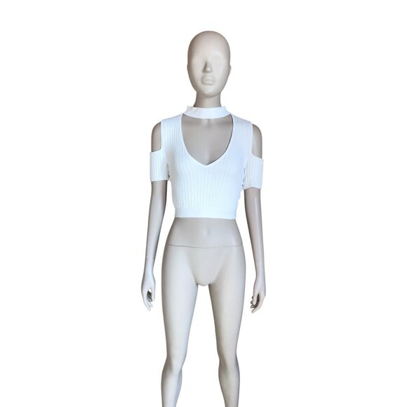BCBGMaxazria White Ribbed Cutout Crop Top - Picture 1 of 5